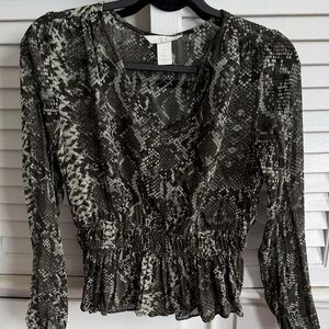 H&M Olive Snake-Print Smocked Waist Blouse